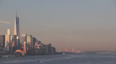View of Lower Manhattan skyline and tourist boats in River Hudson Stock Footage 50982075