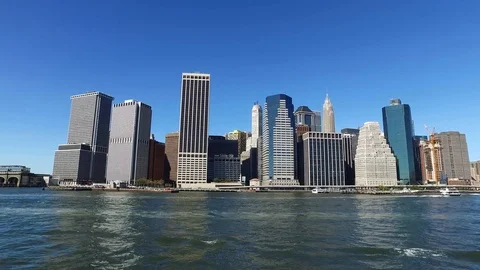 View Of Lower Manhattan Skyline From a bay POV Stock Footage 105169904