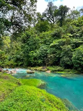 A view of the luminous blue Rio Celeste in Costa Rica Stock Photos