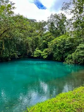 A view of the luminous blue Rio Celeste in Costa Rica Stock Photos