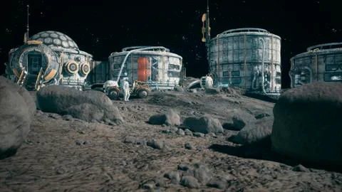 View of the lunar surface, lunar colony and astronauts working at the lunar base Stock Illustration