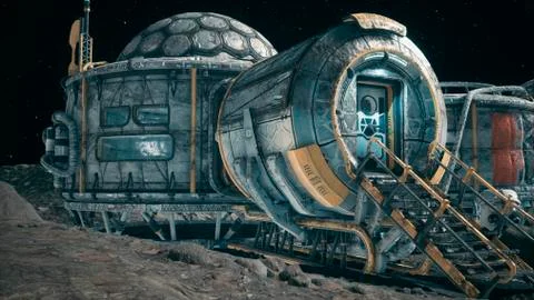 View of the lunar surface, lunar colony and astronauts working at the lunar base Stock Illustration
