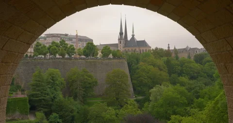 View of Luxembourg through the Adolphe Bridge viaduct Stock Footage 252738003