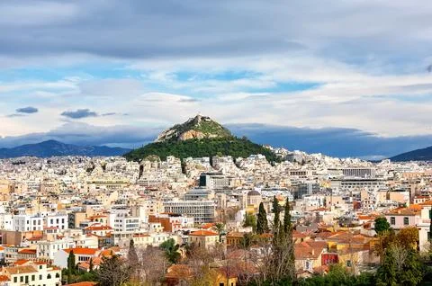 View of Lycabettus mount from Acropolis hill in Athens, Greece. Cityscape o.. Stock Photos