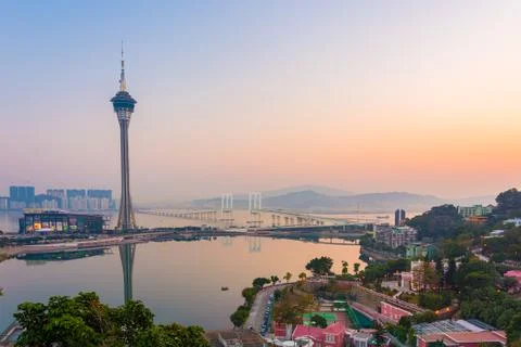 View of Macau Tower and the sunset in Macau, China Fotos de archivo