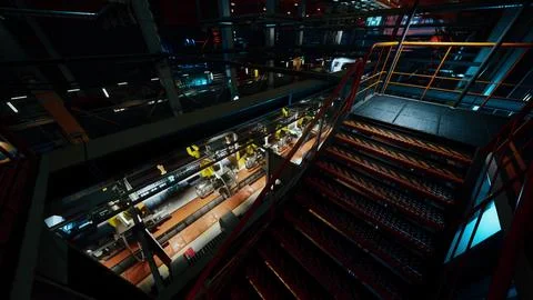 View of a machine building conveyor system in a modern factory at night Illustration