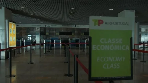 View of a Madeira airport with empty standing queues. Economy class line Stock Footage 166889349