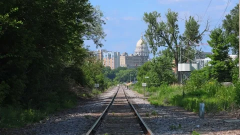 View of the Madison Wisconsin State Capitol from railroad tracks Stock Footage 340550780