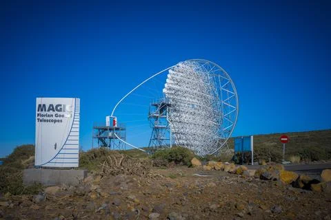 View on Magic Florian Goebel Telescope on Roque de los Muchachos on La Palm.. Stock Photos
