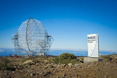 View on Magic Florian Goebel Telescope on Roque de los Muchachos on La Palm.. Stock Photos