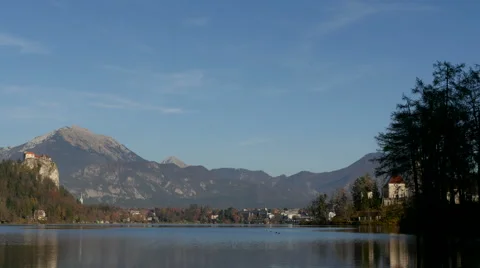 View of the main attractions of Bled: the castle and the church Stock Footage 60292149