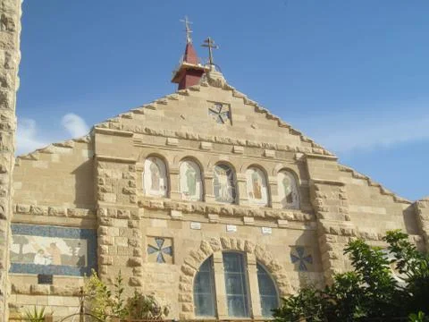 View of the main facade of St. John the Baptist Roman Catholic Church in Madaba, Stock Photos