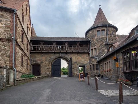 View on main gate and outer bastion from the inside of castle bailey. Stock Photos