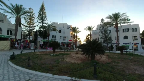 View of the main square and closed fountains in Port el Kantaoui, Tunisia Stock Footage 250607256