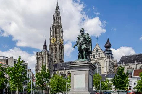 View of the main square of Antwerp surrounded by old buildings. Belgium Stock Photos