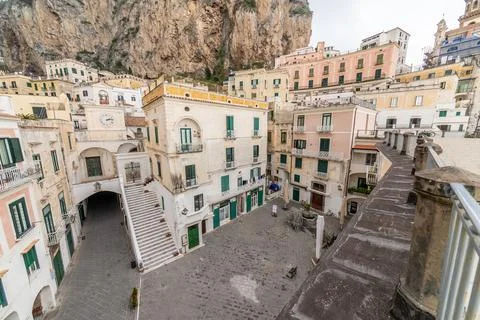 View of the main square of Atrani, the smallest town in Italy on the Amalfi Stock Photos