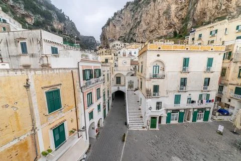 View of the main square of Atrani, the smallest town in Italy on the Amalfi Stock Photos