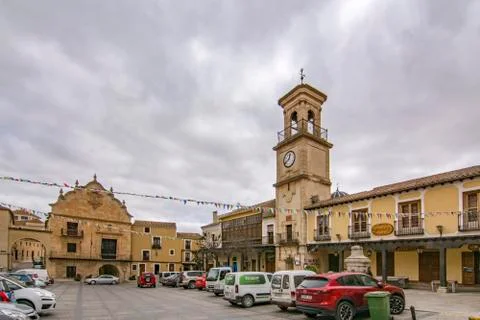 View of main square of Chinchilla de Monte-Aragon. Province of Albacete Stock Photos