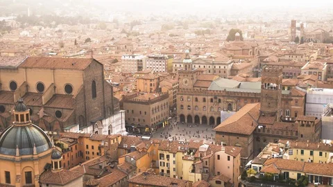 View of main square piazza Maggiore in Bologna, Italy city from top of the Stock Footage 110771110