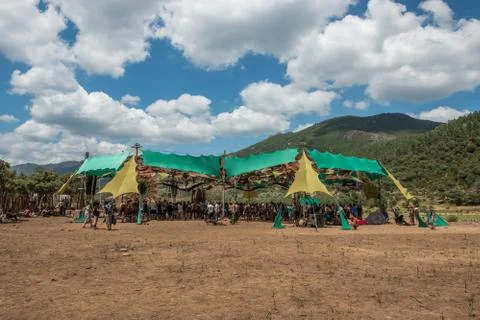 View of the main stage of the psytrance Lost Theory festival in the natural Stock Photos