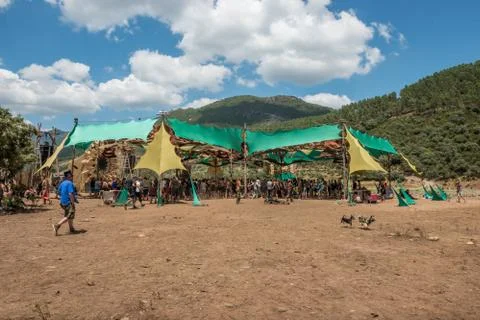 View of the main stage of the psytrance Lost Theory festival in the natural Stock Photos