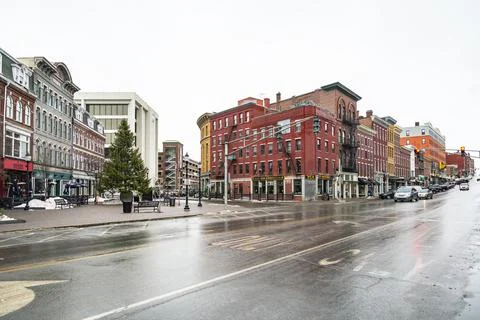 View of the Main Street. example of Art Deco architecture.in Bangor, Maine, U Stock Photos