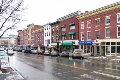 View of the Main Street. example of Art Deco architecture.in Bangor, Maine, USA Stock Photos