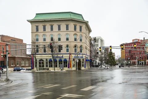 View of the Main Street. example of Art Deco architecture.in Bangor, Maine, U Stock Photos