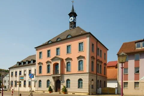 View on the main town hall with clock tower in Treuchtlingen, Germany Stock Photos
