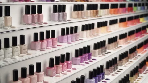 View of makeup accesories for nails displayed in a store. Stock Footage 138710426
