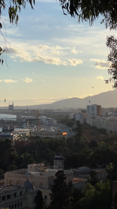 View of Malaga from Gibralfaro Castle observation deck at sunset. Vertical video Stock Footage 240920560