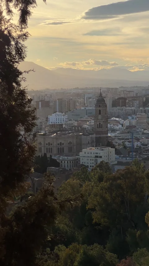 View of Malaga from Gibralfaro Castle observation deck at sunset. Vertical video Stock Footage 240920608