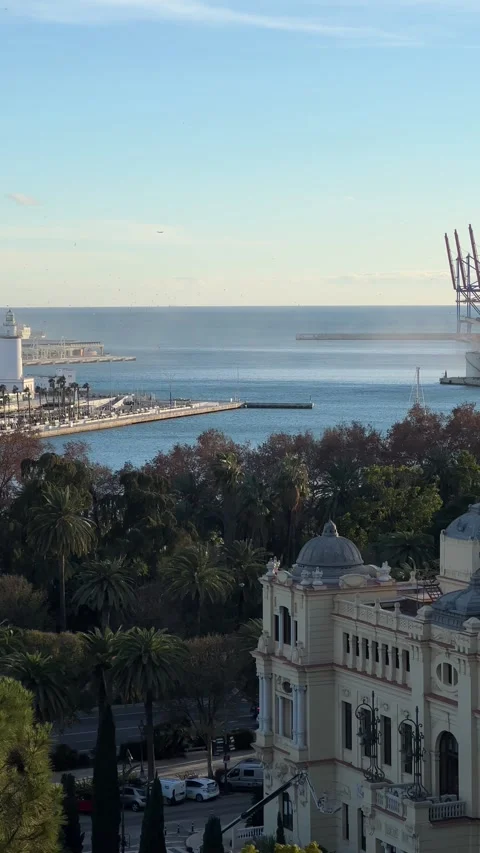 View of Malaga's Town Hall building from Gibralfaro hill at sunset. Vertical Stock Footage 240920559