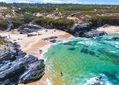 View of the Malhao beach in Vila Nova de Milfontes, Alentejo, Portugal. Stock Photos