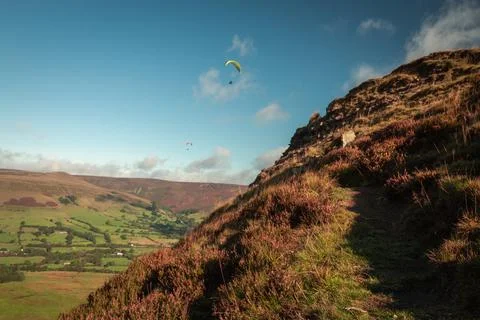 View from Mam Tor in Peak District in UK, Paragliding in sunny day autumn 202 Stock Photos