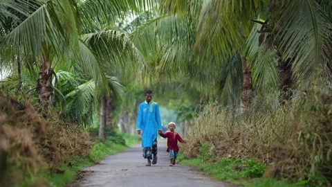 View of a man and child walking through palm trees, Bangladesh. Stock-Footage 334991682
