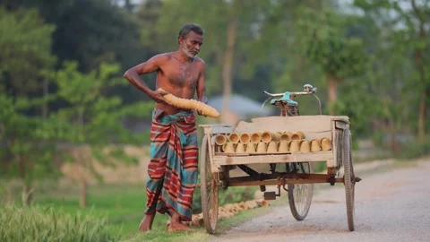 View of a man arranging clay pots on a wooden cart, Bangladesh. Video stock 335465653