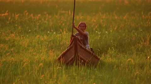 View of a man in a boat in a paddy field at sunset, Bangladesh. Video stock 335552815