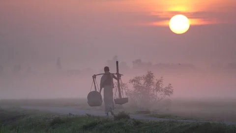 View of a man carrying baskets at sunrise in Bogura, Bangladesh. Video stock 335553001