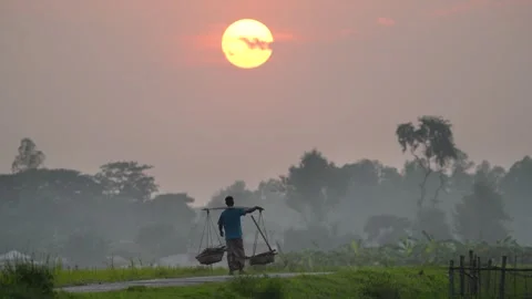 View of a man carrying baskets at sunset in Bogura, Bangladesh. Stock-Footage 335553143