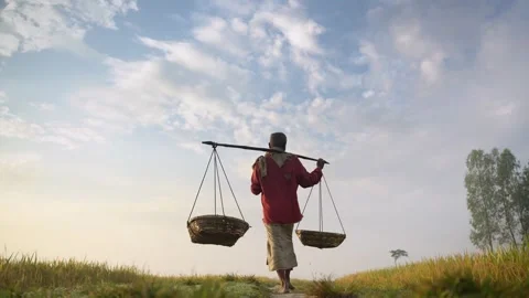 View of a man carrying baskets on a yoke, Bangladesh. Vídeo Stock 334964534