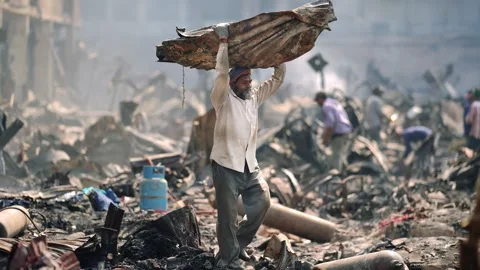 View of a man carrying debris in a destroyed area in Bangladesh. Stock Footage 335562796