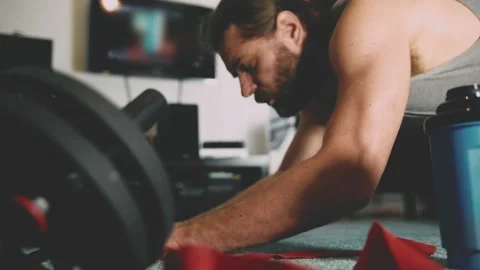 View of man doing hard workout at home. Footage HD. Stock Footage 147872321