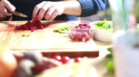 View of man hands cutting raspberries Stock Footage 59541395