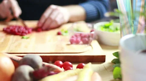 View of man hands cutting raspberries Stock Footage 59541397