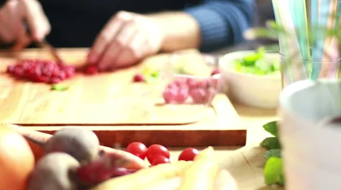 View of man hands cutting raspberries Stock Footage 59541399