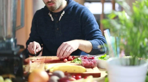 View of man hands cutting strawberries Stock Footage 59541380