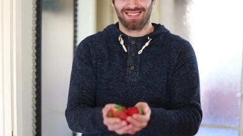 View of man hands holding fresh strawberries Video stock 59541778