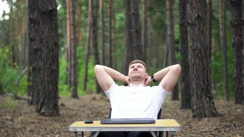 View of Man relaxing on workplace in the Forest. Self-isolation concept Video stock 138631462