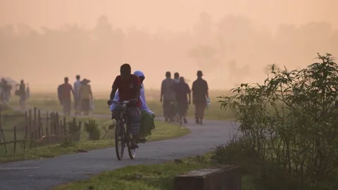 View of a man riding a bicycle on a misty road in Bogura, Bangladesh. Vídeo Stock 335591711